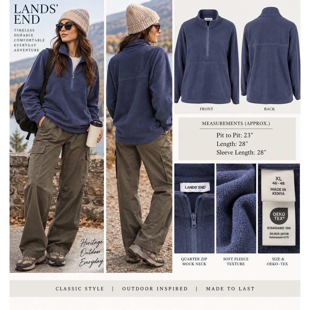 Lands' End XL Navy Quarter Zip Fleece Pullover Gorpcore Heritage Outdoor Cabin